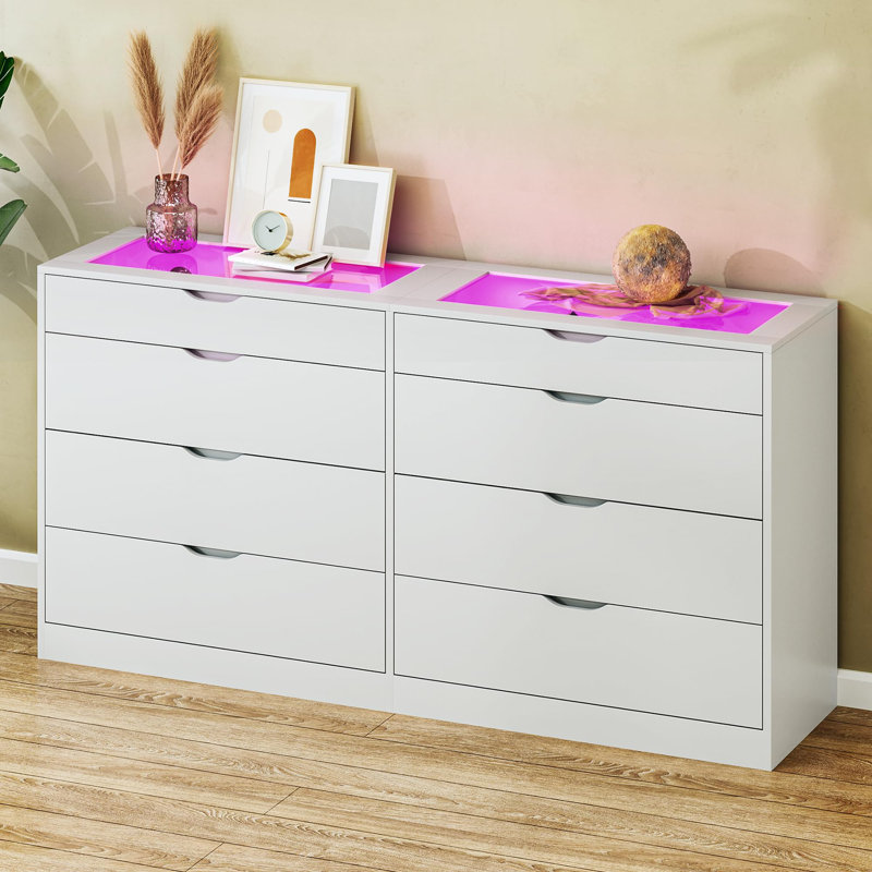 draw drawersフラワードットブラ Wrought Studio™ 8-drawer White Dresser With Led Display Glass Top
